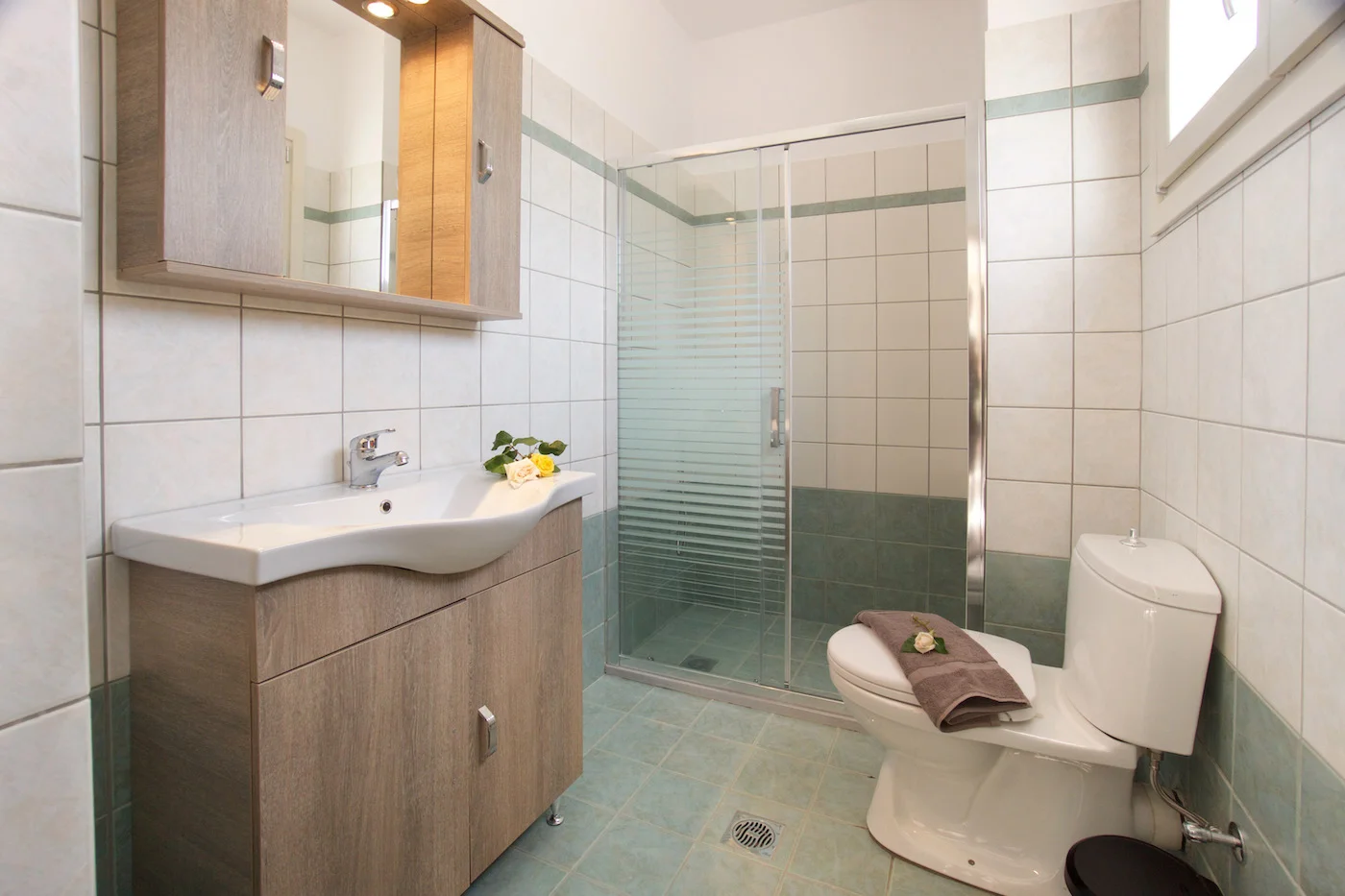 Modern first-floor bathroom at Villa Miranda, luxury stone villa Kefalonia